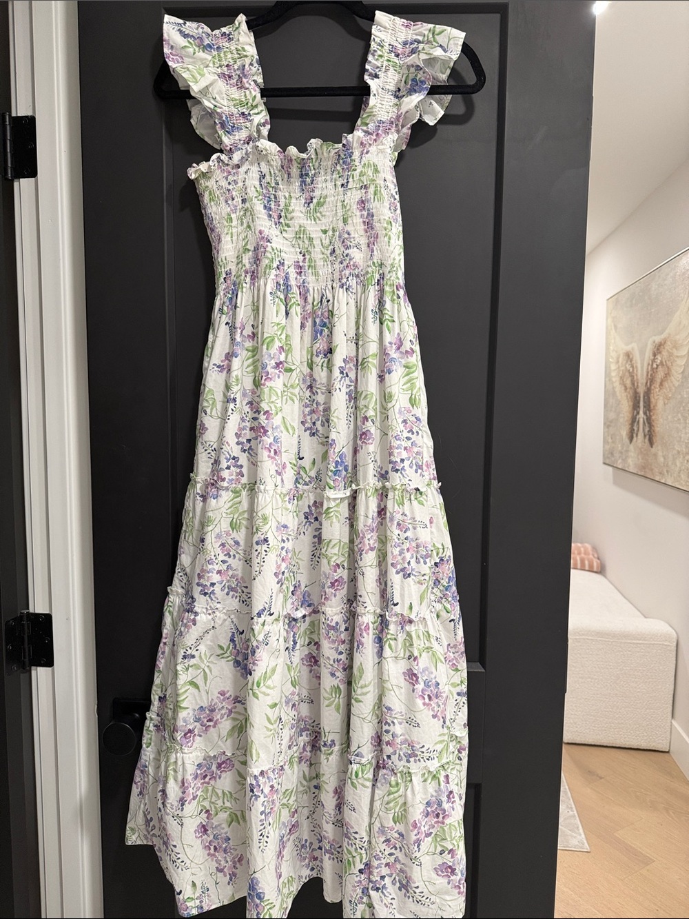 Hill House White Floral Maxi Dress with Purple & Green Print